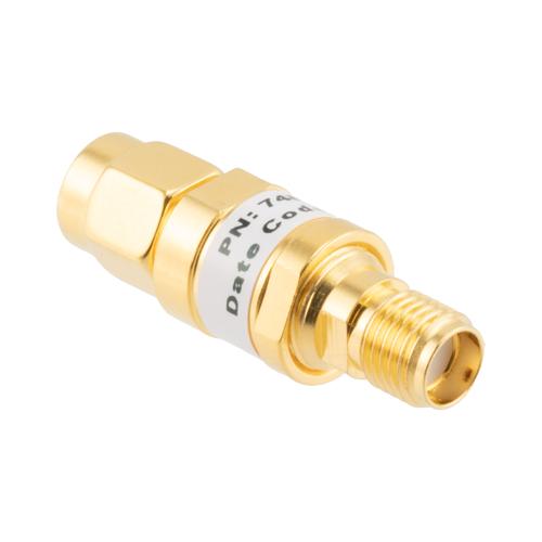 8 dB Fixed Attenuator SMA Male (Plug) to SMA Female (Jack) up to 26.5 GHz Rated to 2 Watts, Brass Gold Plated Body, 1.35:1 VSWR FMAT7487-8