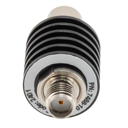 10 dB Fixed Attenuator SMA Male (Plug) to SMA Female (Jack) up to 26.5 GHz Rated to 5 Watts, Black Anodized Aluminum Body, 1.35:1 VSWR FMAT7488-10