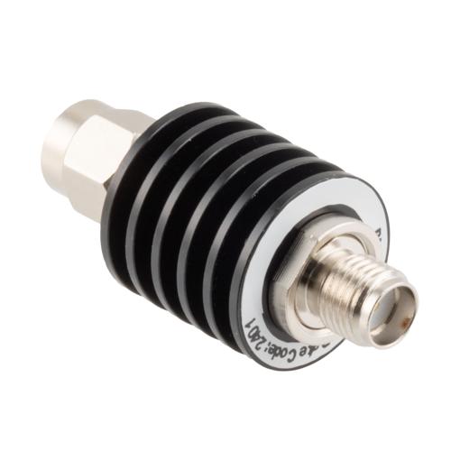 10 dB Fixed Attenuator SMA Male (Plug) to SMA Female (Jack) up to 26.5 GHz Rated to 5 Watts, Black Anodized Aluminum Body, 1.35:1 VSWR FMAT7488-10