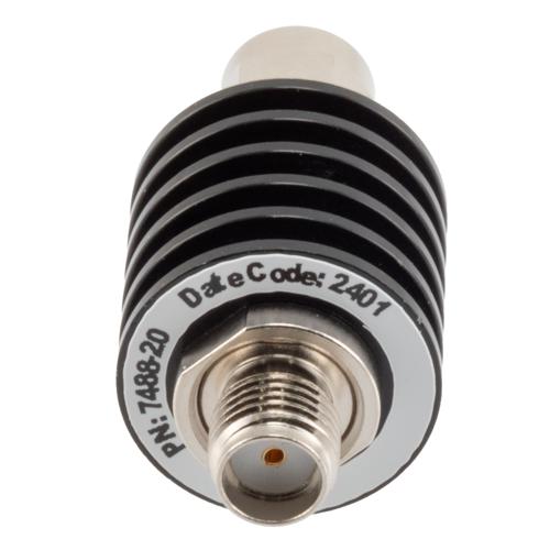 20 dB Fixed Attenuator SMA Male (Plug) to SMA Female (Jack) up to 26.5 GHz Rated to 5 Watts, Black Anodized Aluminum Body, 1.35:1 VSWR FMAT7488-20