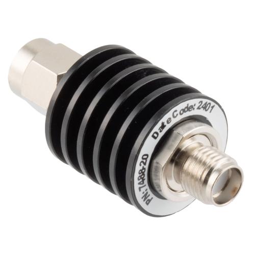20 dB Fixed Attenuator SMA Male (Plug) to SMA Female (Jack) up to 26.5 GHz Rated to 5 Watts, Black Anodized Aluminum Body, 1.35:1 VSWR FMAT7488-20
