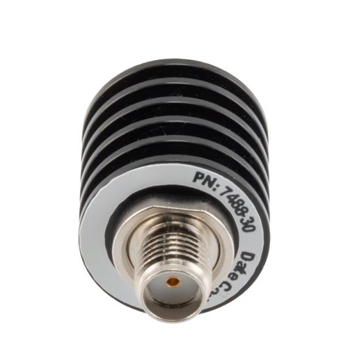 30 dB Fixed Attenuator SMA Male (Plug) to SMA Female (Jack) up to 26.5 GHz Rated to 5 Watts, Black Anodized Aluminum Body, 1.35:1 VSWR FMAT7488-30