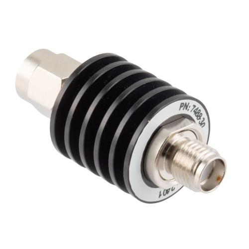 30 dB Fixed Attenuator SMA Male (Plug) to SMA Female (Jack) up to 26.5 GHz Rated to 5 Watts, Black Anodized Aluminum Body, 1.35:1 VSWR FMAT7488-30