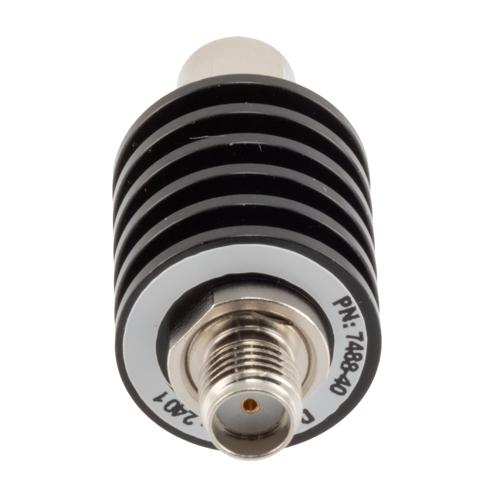 40 dB Fixed Attenuator SMA Male (Plug) to SMA Female (Jack) up to 26.5 GHz Rated to 5 Watts, Black Anodized Aluminum Body, 1.35:1 VSWR FMAT7488-40