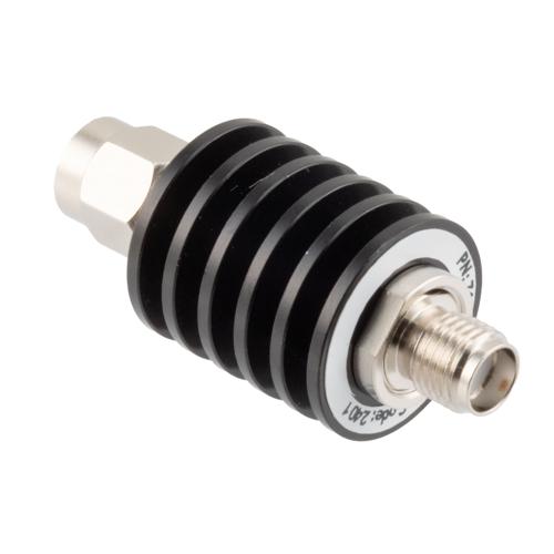 40 dB Fixed Attenuator SMA Male (Plug) to SMA Female (Jack) up to 26.5 GHz Rated to 5 Watts, Black Anodized Aluminum Body, 1.35:1 VSWR FMAT7488-40