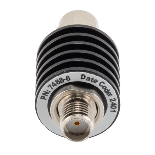 6 dB Fixed Attenuator SMA Male (Plug) to SMA Female (Jack) up to 26.5 GHz Rated to 5 Watts, Black Anodized Aluminum Body, 1.35:1 VSWR FMAT7488-6
