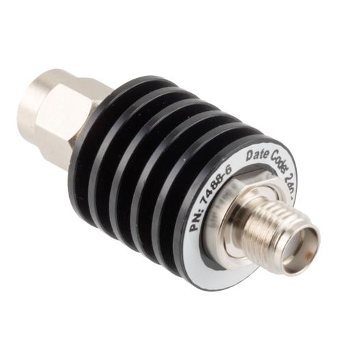 6 dB Fixed Attenuator SMA Male (Plug) to SMA Female (Jack) up to 26.5 GHz Rated to 5 Watts, Black Anodized Aluminum Body, 1.35:1 VSWR FMAT7488-6