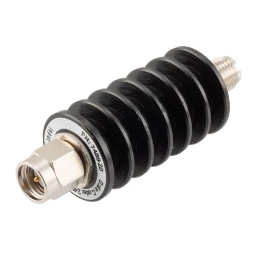 20 dB Fixed Attenuator SMA Male (Plug) to SMA Female (Jack) up to 26.5 GHz Rated to 10 Watts, Black Anodized Aluminum Body, 1.35:1 VSWR FMAT7489-20