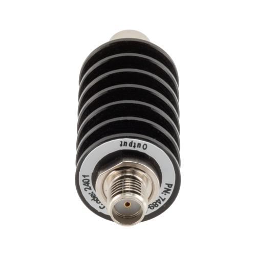 20 dB Fixed Attenuator SMA Male (Plug) to SMA Female (Jack) up to 26.5 GHz Rated to 10 Watts, Black Anodized Aluminum Body, 1.35:1 VSWR FMAT7489-20