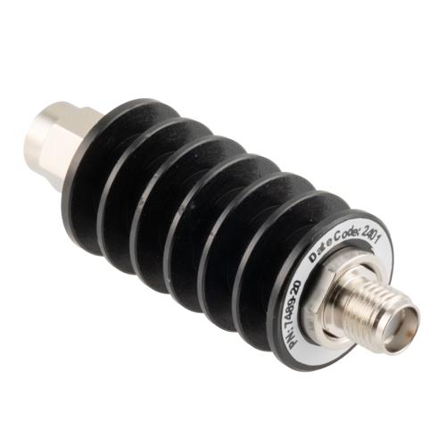 20 dB Fixed Attenuator SMA Male (Plug) to SMA Female (Jack) up to 26.5 GHz Rated to 10 Watts, Black Anodized Aluminum Body, 1.35:1 VSWR FMAT7489-20