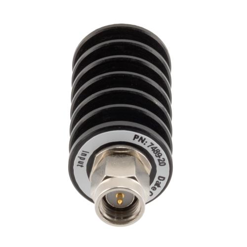 20 dB Fixed Attenuator SMA Male (Plug) to SMA Female (Jack) up to 26.5 GHz Rated to 10 Watts, Black Anodized Aluminum Body, 1.35:1 VSWR FMAT7489-20
