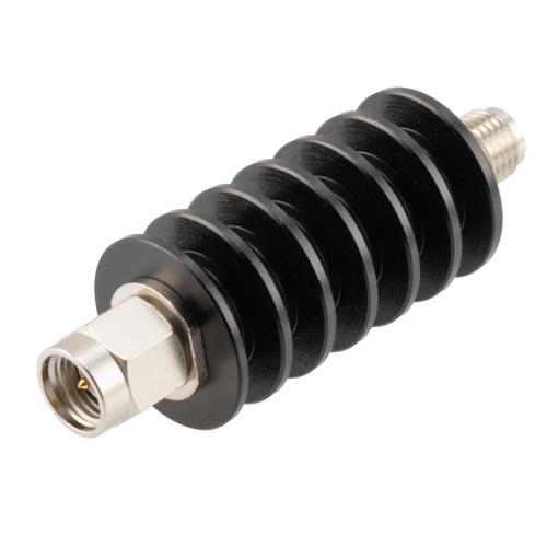 3 dB Fixed Attenuator SMA Male (Plug) to SMA Female (Jack) up to 26.5 GHz Rated to 10 Watts, Black Anodized Aluminum Body, 1.35:1 VSWR FMAT7489-3