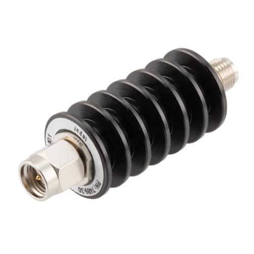 30 dB Fixed Attenuator SMA Male (Plug) to SMA Female (Jack) up to 26.5 GHz Rated to 10 Watts, Black Anodized Aluminum Body, 1.35:1 VSWR FMAT7489-30
