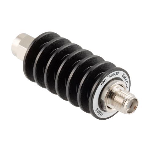 30 dB Fixed Attenuator SMA Male (Plug) to SMA Female (Jack) up to 26.5 GHz Rated to 10 Watts, Black Anodized Aluminum Body, 1.35:1 VSWR FMAT7489-30