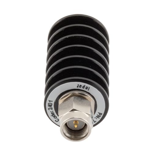 30 dB Fixed Attenuator SMA Male (Plug) to SMA Female (Jack) up to 26.5 GHz Rated to 10 Watts, Black Anodized Aluminum Body, 1.35:1 VSWR FMAT7489-30