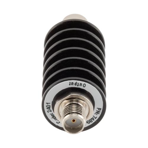 3 dB Fixed Attenuator SMA Male (Plug) to SMA Female (Jack) up to 26.5 GHz Rated to 10 Watts, Black Anodized Aluminum Body, 1.35:1 VSWR FMAT7489-3