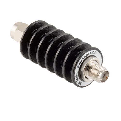 3 dB Fixed Attenuator SMA Male (Plug) to SMA Female (Jack) up to 26.5 GHz Rated to 10 Watts, Black Anodized Aluminum Body, 1.35:1 VSWR FMAT7489-3
