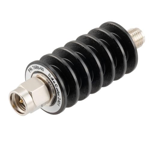40 dB Fixed Attenuator SMA Male (Plug) to SMA Female (Jack) up to 26.5 GHz Rated to 10 Watts, Black Anodized Aluminum Body, 1.35:1 VSWR FMAT7489-40