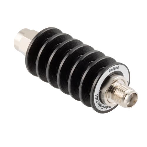 40 dB Fixed Attenuator SMA Male (Plug) to SMA Female (Jack) up to 26.5 GHz Rated to 10 Watts, Black Anodized Aluminum Body, 1.35:1 VSWR FMAT7489-40