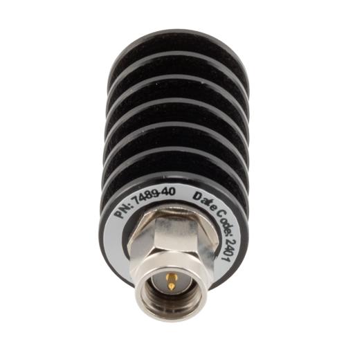 40 dB Fixed Attenuator SMA Male (Plug) to SMA Female (Jack) up to 26.5 GHz Rated to 10 Watts, Black Anodized Aluminum Body, 1.35:1 VSWR FMAT7489-40