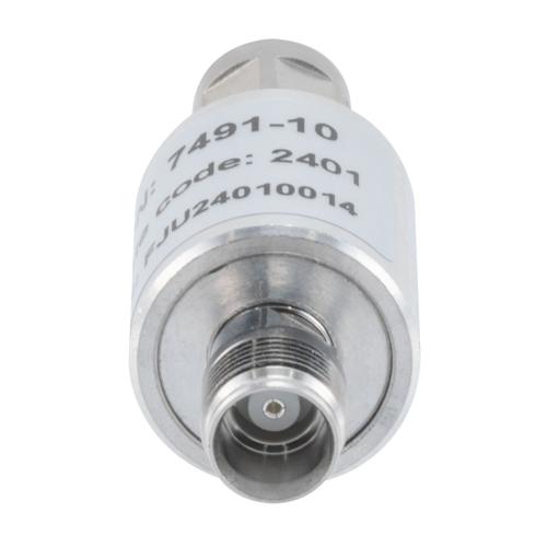 10 dB Fixed Attenuator NEX10 Male (Plug) to NEX10 Female (Jack) Up to 6 GHz Rated to 10 Watts, Aluminum Body, 1.25:1 VSWR FMAT7491-10