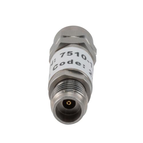 10 dB Fixed Attenuator 2.4mm Male (Plug) to 2.4mm Female (Jack) up to 50 GHz Rated to 2 Watts, Stainless Steel Body, 1.45:1 VSWR FMAT7510-10