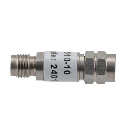 10 dB Fixed Attenuator 2.4mm Male (Plug) to 2.4mm Female (Jack) up to 50 GHz Rated to 2 Watts, Stainless Steel Body, 1.45:1 VSWR FMAT7510-10