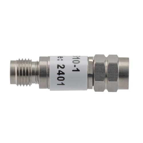 1 dB Fixed Attenuator 2.4mm Male (Plug) to 2.4mm Female (Jack) up to 50 GHz Rated to 2 Watts, Stainless Steel Body, 1.45:1 VSWR FMAT7510-1
