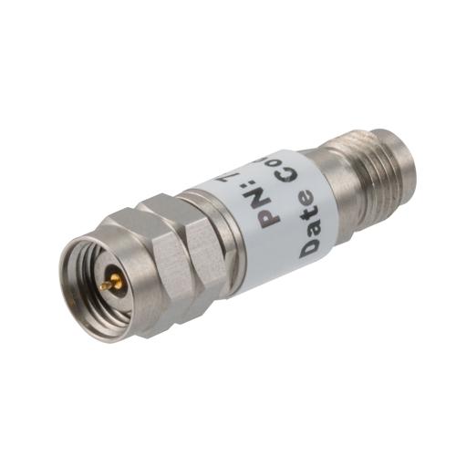 2 dB Fixed Attenuator 2.4mm Male (Plug) to 2.4mm Female (Jack) up to 50 GHz Rated to 2 Watts, Stainless Steel Body, 1.45:1 VSWR FMAT7510-2