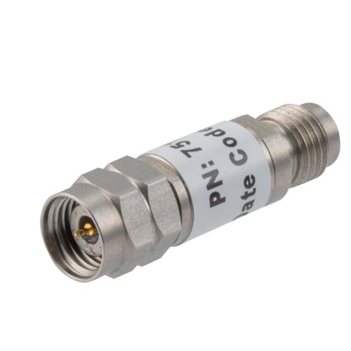3 dB Fixed Attenuator 2.4mm Male (Plug) to 2.4mm Female (Jack) up to 50 GHz Rated to 2 Watts, Stainless Steel Body, 1.45:1 VSWR FMAT7510-3