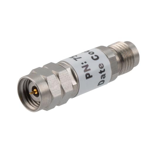 30 dB Fixed Attenuator 2.4mm Male (Plug) to 2.4mm Female (Jack) up to 50 GHz Rated to 2 Watts, Stainless Steel Body, 1.45:1 VSWR FMAT7510-30