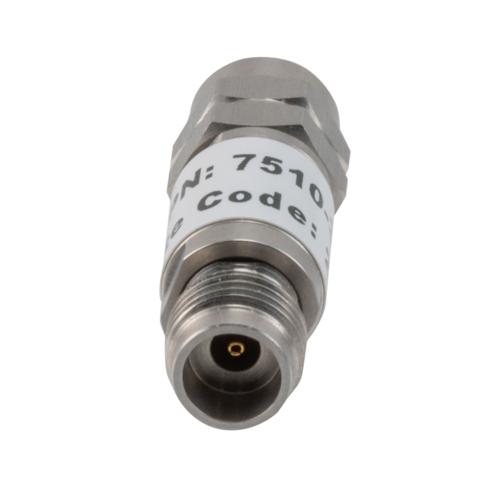 30 dB Fixed Attenuator 2.4mm Male (Plug) to 2.4mm Female (Jack) up to 50 GHz Rated to 2 Watts, Stainless Steel Body, 1.45:1 VSWR FMAT7510-30