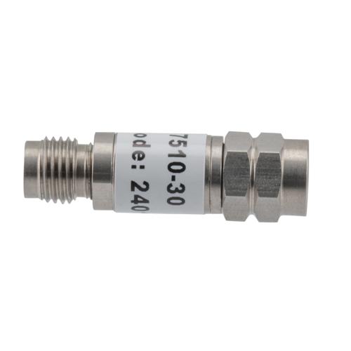30 dB Fixed Attenuator 2.4mm Male (Plug) to 2.4mm Female (Jack) up to 50 GHz Rated to 2 Watts, Stainless Steel Body, 1.45:1 VSWR FMAT7510-30
