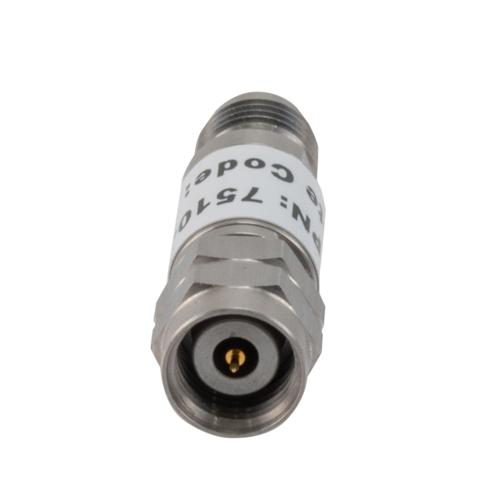 30 dB Fixed Attenuator 2.4mm Male (Plug) to 2.4mm Female (Jack) up to 50 GHz Rated to 2 Watts, Stainless Steel Body, 1.45:1 VSWR FMAT7510-30