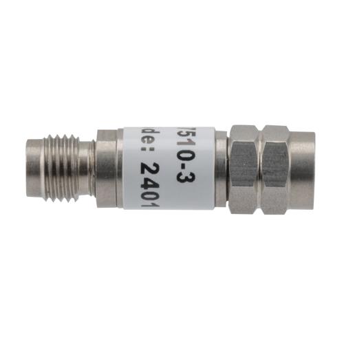 3 dB Fixed Attenuator 2.4mm Male (Plug) to 2.4mm Female (Jack) up to 50 GHz Rated to 2 Watts, Stainless Steel Body, 1.45:1 VSWR FMAT7510-3