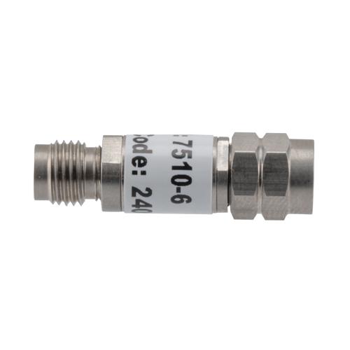 6 dB Fixed Attenuator 2.4mm Male (Plug) to 2.4mm Female (Jack) up to 50 GHz Rated to 2 Watts, Stainless Steel Body, 1.45:1 VSWR FMAT7510-6