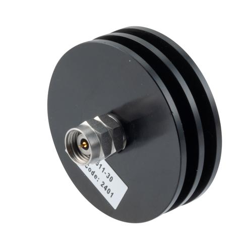 30 dB Fixed Attenuator 2.4mm Male (Plug) to 2.4mm Female (Jack) up to 50 GHz Rated to 5 Watts, Aluminum Body, 1.45:1 VSWR FMAT7511-30