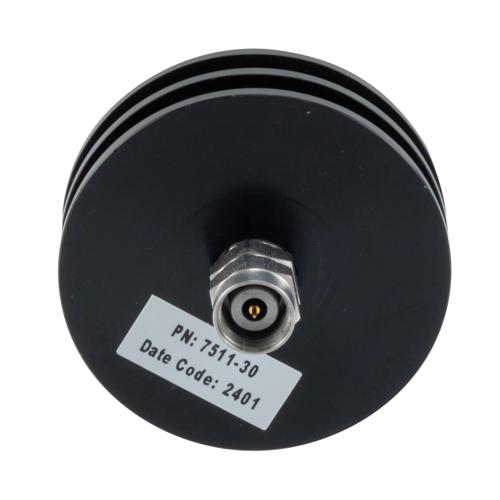 30 dB Fixed Attenuator 2.4mm Male (Plug) to 2.4mm Female (Jack) up to 50 GHz Rated to 5 Watts, Aluminum Body, 1.45:1 VSWR FMAT7511-30