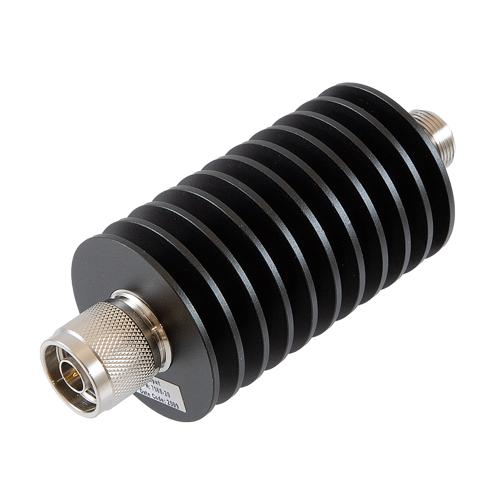 20 dB Fixed Attenuator N Male (Plug) to N Female (Jack) Up to 10 GHz Rated to 50 Watts, Aluminum Black Anodized Body, 1.35 VSWR FMAT7580-20