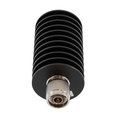 20 dB Fixed Attenuator N Male (Plug) to N Female (Jack) Up to 10 GHz Rated to 50 Watts, Aluminum Black Anodized Body, 1.35 VSWR FMAT7580-20