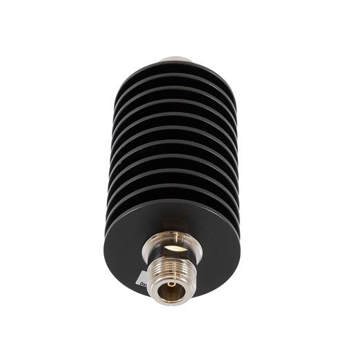 20 dB Fixed Attenuator N Male (Plug) to N Female (Jack) Up to 10 GHz Rated to 50 Watts, Aluminum Black Anodized Body, 1.35 VSWR FMAT7580-20