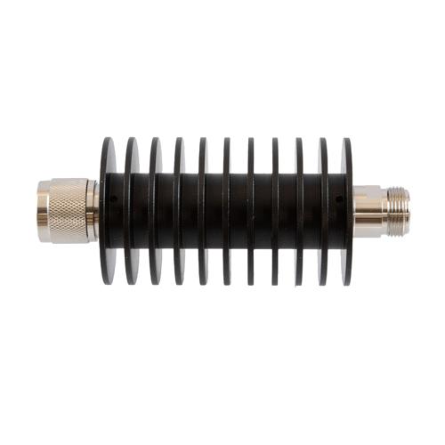 20 dB Fixed Attenuator N Male (Plug) to N Female (Jack) Up to 10 GHz Rated to 50 Watts, Aluminum Black Anodized Body, 1.35 VSWR FMAT7580-20