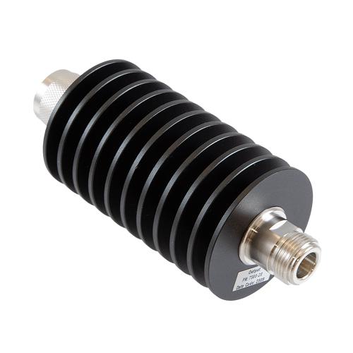 20 dB Fixed Attenuator N Male (Plug) to N Female (Jack) Up to 10 GHz Rated to 50 Watts, Aluminum Black Anodized Body, 1.35 VSWR FMAT7580-20
