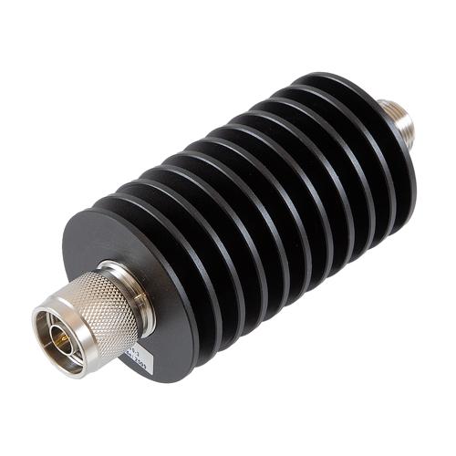 3 dB Fixed Attenuator N Male (Plug) to N Female (Jack) Up to 10 GHz Rated to 50 Watts, Aluminum Black Anodized Body, 1.35 VSWR FMAT7580-3