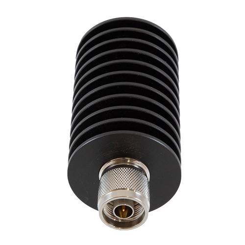 3 dB Fixed Attenuator N Male (Plug) to N Female (Jack) Up to 10 GHz Rated to 50 Watts, Aluminum Black Anodized Body, 1.35 VSWR FMAT7580-3