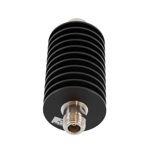 3 dB Fixed Attenuator N Male (Plug) to N Female (Jack) Up to 10 GHz Rated to 50 Watts, Aluminum Black Anodized Body, 1.35 VSWR FMAT7580-3