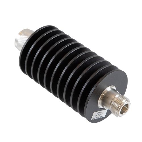 3 dB Fixed Attenuator N Male (Plug) to N Female (Jack) Up to 10 GHz Rated to 50 Watts, Aluminum Black Anodized Body, 1.35 VSWR FMAT7580-3