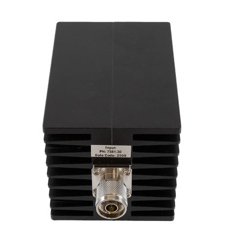 30 dB Fixed Attenuator N Male (Plug) to N Female (Jack) Up to 10 GHz Rated to 100 Watts, Aluminum Black Anodized Body, 1.5 VSWR FMAT7581-30