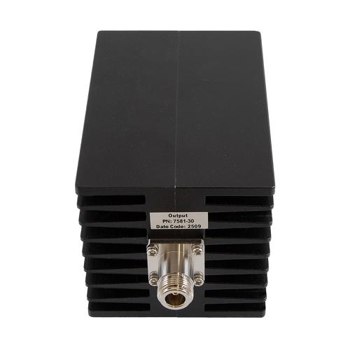 30 dB Fixed Attenuator N Male (Plug) to N Female (Jack) Up to 10 GHz Rated to 100 Watts, Aluminum Black Anodized Body, 1.5 VSWR FMAT7581-30