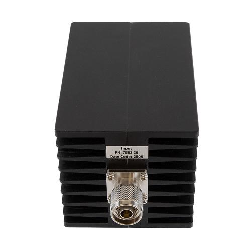 30 dB Fixed Attenuator N Male (Plug) to N Female (Jack) Up to 10 GHz Rated to 150 Watts, Aluminum Black Anodized Body, 1.5 VSWR FMAT7582-30